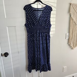 Navy With White Polka Dot Sleeveless Midi Dress Size 2x 3x Adorable Dress